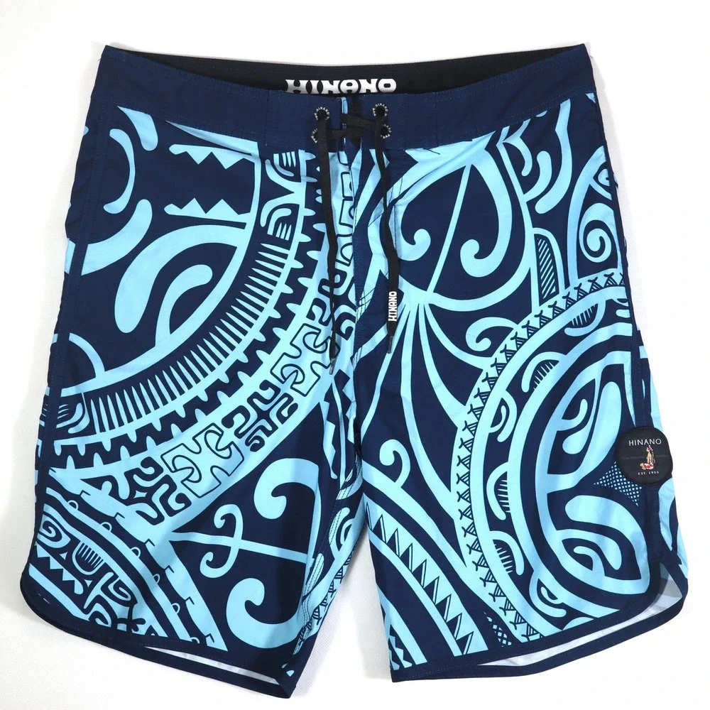 Hinano Tahiti Board Shorts Mens 34 Blue Tribal Print Stretch Swim Trunks Surf